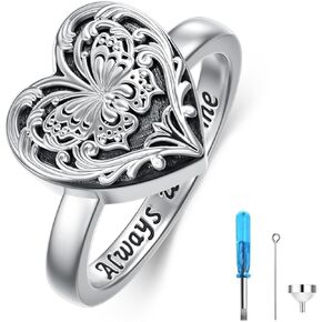 SOULMEET Butterfly Locket Urn Ring That Holds Loved Ones Ashes Sterling Silver Personalized Locket Band Keepsake Memorial Jewelry Cremation Rings for women