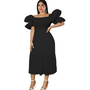 Women's Boat Neck Puff Short Lantern Sleeves High Waist White Dress Pleated Cocktail Party Dresses Gown