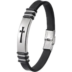 Easter | Christmas | Christian Wristband for Men - Stainless Steel - Black Rubber Cross Bracelet - Gift for Boys & Men