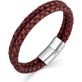 Raymard Double Row Vintage Leather Rope Bracelet for Men Women, 8.4" Colorful Wrap Braided Cuff Bangle Bracelet,Stainless Steel Clasp