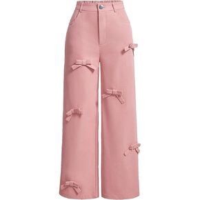Verdusa Women's Bow Elastic High Waist Straight Leg Pants with Pockets