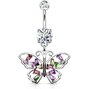 Pierced Owl - 14GA Stainless Steel Multi Colored CZ Crystal Butterfly Dangling Belly Button Ring