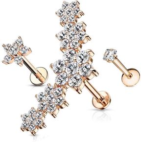 16 Gauge 3 Pack CZ Flower Cluster, CZ Flower, and Prong Set Square CZ Labret Studs Tragus and Cartilage Internally Threaded 316L Surgical Steel (Choose Color)