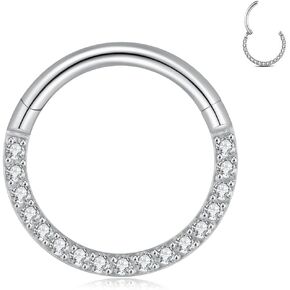 G23 Titanium Nose Ring Hoop Daith Earrings Hoop Cartilage Tragus Helix Rings For Women Men 16G 18G Piercing Septum Jewelry Hinged Silver Segment Hoop Lip Rings With Cubic Zirconia Paved