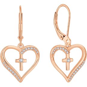 PYNZY Cross Earrings 925 Sterling Silver Earrings for Women, Heart Dangle Drop Earrings for Jewelry Gifts