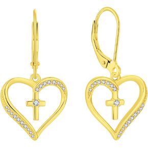 PYNZY Cross Earrings 925 Sterling Silver Earrings for Women, Heart Dangle Drop Earrings for Jewelry Gifts