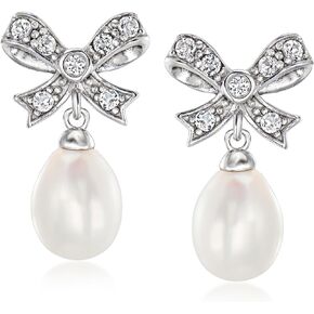Ross-Simons 8-9mm Cultured Pearl and .30 ct. t.w. White Topaz Bow Drop Earrings in Sterling Silver