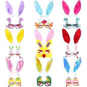 18PCS Easter Headbands and Glasses Frame - Easter Bunny Ears Rabbit Chick Eggs Easter Party Favors Costume Decoration Photo Booth Props Easter Party Gifts for Kids Adult