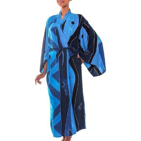 NOVICA Handmade Blue Batik Robe - a Unique and Lightweight Summer Robe for Women, 51" in Length and Perfect for Knee-Length Coverage, Tropical Sea'