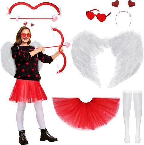 6 Pcs Valentine's Day Cupid Accessory Kit Heart Headband Heart Shape Sunglasses Tutus Skirt Thigh High Feather Wing Cupid Bow and Arrow Set for Women Adult Party Props Holiday Cosplay in Saudi Arabia