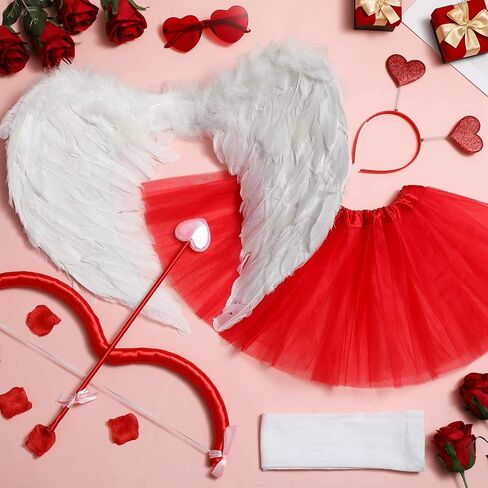 6 Pcs Valentine's Day Cupid Accessory Kit Heart Headband Heart Shape Sunglasses Tutus Skirt Thigh High Feather Wing Cupid Bow and Arrow Set for Women Adult Party Props Holiday Cosplay in Saudi Arabia