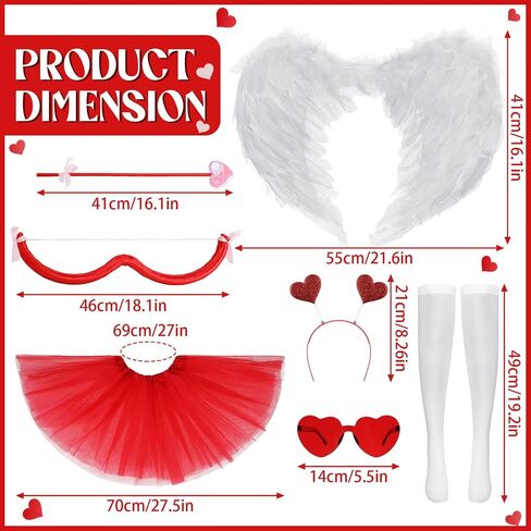 6 Pcs Valentine's Day Cupid Accessory Kit Heart Headband Heart Shape Sunglasses Tutus Skirt Thigh High Feather Wing Cupid Bow and Arrow Set for Women Adult Party Props Holiday Cosplay in Saudi Arabia