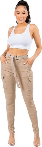 بنطلون جينز نسائي من TwiinSisters عالي الخصر وجيوب نحيفة من القطن مع حزام قابل للتعديل للنساء in Kuwait