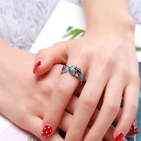 لوف كوم خاتم بتصميم سمكة من الفضة الاسترلينية عيار 925 للنساء والفتيات، خواتم زفاف مطلية بالمينا باللون الازرق، خواتم مفتوحة بتصميم مصوغة بطريقة اصلية، هدايا مجوهرات حرفية in Kuwait