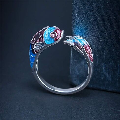 لوف كوم خاتم بتصميم سمكة من الفضة الاسترلينية عيار 925 للنساء والفتيات، خواتم زفاف مطلية بالمينا باللون الازرق، خواتم مفتوحة بتصميم مصوغة بطريقة اصلية، هدايا مجوهرات حرفية in Kuwait