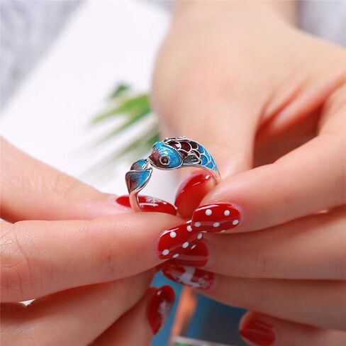 لوف كوم خاتم بتصميم سمكة من الفضة الاسترلينية عيار 925 للنساء والفتيات، خواتم زفاف مطلية بالمينا باللون الازرق، خواتم مفتوحة بتصميم مصوغة بطريقة اصلية، هدايا مجوهرات حرفية in Kuwait