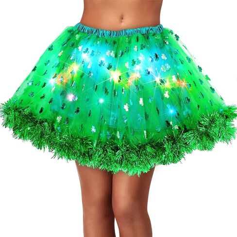EARENT تضيء توتو التنانير عيد القديس باتريك شامروك تنورات قصيرة الأخضر Led الطبقات تول تنورة رقص زي الحفلات الأيرلندية للنساء الفتيات in Kuwait