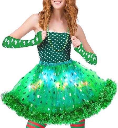 EARENT تضيء توتو التنانير عيد القديس باتريك شامروك تنورات قصيرة الأخضر Led الطبقات تول تنورة رقص زي الحفلات الأيرلندية للنساء الفتيات in Kuwait