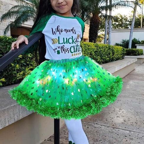 EARENT تضيء توتو التنانير عيد القديس باتريك شامروك تنورات قصيرة الأخضر Led الطبقات تول تنورة رقص زي الحفلات الأيرلندية للنساء الفتيات in Kuwait