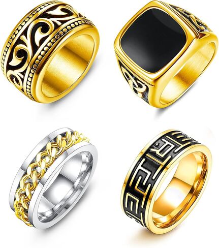 Jstyle 4 قطع من الفولاذ المقاوم للصدأ مجموعة خواتم راكبي الدراجات النارية سلسلة كوبية حلقة دوارة فضية وذهبية عتيقة عقدة سلتيكية حلقات مشطوفة حافة مصقولة مريحة تناسب هدية عيد الأب in Kuwait