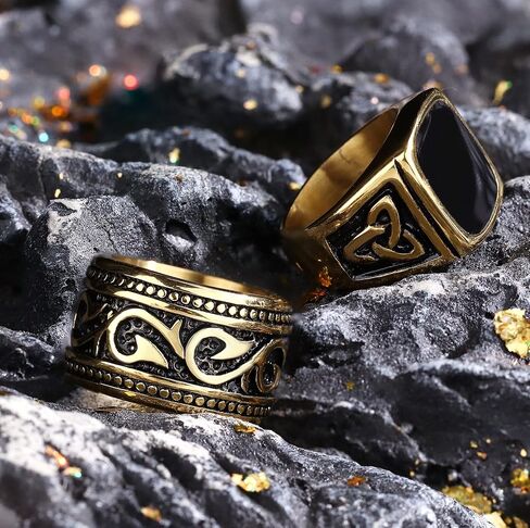 Jstyle 4 قطع من الفولاذ المقاوم للصدأ مجموعة خواتم راكبي الدراجات النارية سلسلة كوبية حلقة دوارة فضية وذهبية عتيقة عقدة سلتيكية حلقات مشطوفة حافة مصقولة مريحة تناسب هدية عيد الأب in Kuwait