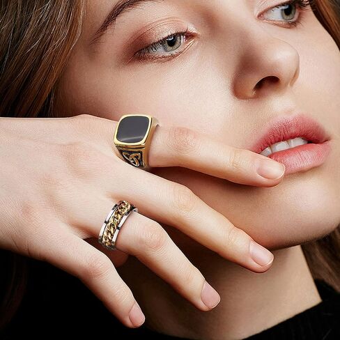 Jstyle 4 قطع من الفولاذ المقاوم للصدأ مجموعة خواتم راكبي الدراجات النارية سلسلة كوبية حلقة دوارة فضية وذهبية عتيقة عقدة سلتيكية حلقات مشطوفة حافة مصقولة مريحة تناسب هدية عيد الأب in Kuwait