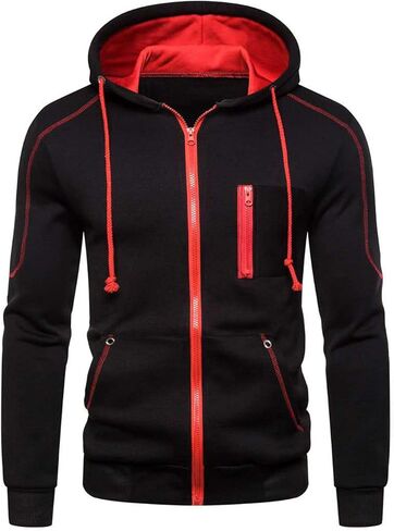 لوز شيك هوديز وسويت شيرت عصري للرجال بسحاب كامل وغطاء راس رائع بقصة ضيقة وتصميم جمالي عصري مناسب للخريف والخريف بلون اسود واحمر مقاس L in Kuwait