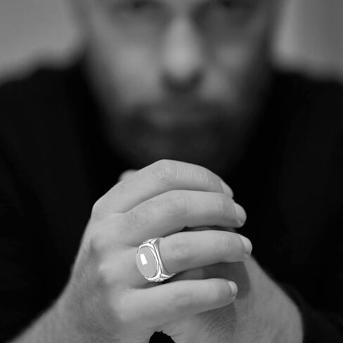 Mens White Gold Plated Sterling Silver Natural Agate Onyx Stone Ring for Men,Mens Wedding Engagement Crystal Ring,Adjustable Handmade Mens Turkish Turkey Ring Jewelry,Great Substitute for Cubic Zirconia Rings in Saudi Arabia