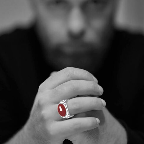 Mens White Gold Plated Sterling Silver Natural Agate Onyx Stone Ring for Men,Mens Wedding Engagement Crystal Ring,Adjustable Handmade Mens Turkish Turkey Ring Jewelry,Great Substitute for Cubic Zirconia Rings in Saudi Arabia