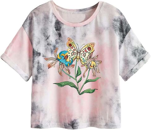 Girls Floral Graphic T Shirts Short Sleeve Tee Shirts Kids Crewneck Summer Crop Tops Cute Print Clothes in Kuwait