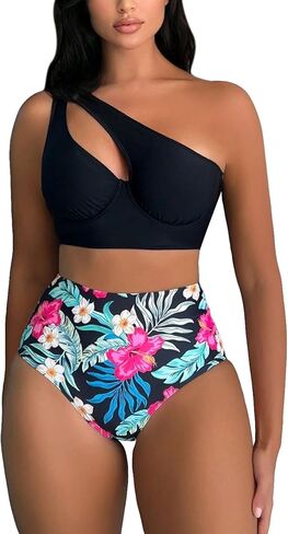 MakeMeChic Women's 2 Piece Bikini Sets Cut Out Ruched Asymmetrical Neck Bra and Tropical Print Bikini Bottoms Swimwear in Saudi Arabia