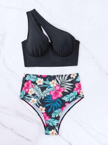 MakeMeChic Women's 2 Piece Bikini Sets Cut Out Ruched Asymmetrical Neck Bra and Tropical Print Bikini Bottoms Swimwear in Saudi Arabia