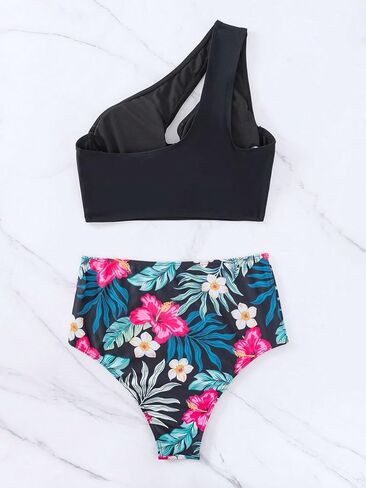 MakeMeChic Women's 2 Piece Bikini Sets Cut Out Ruched Asymmetrical Neck Bra and Tropical Print Bikini Bottoms Swimwear in Saudi Arabia