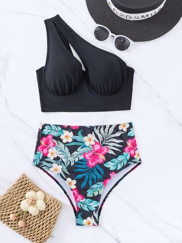 MakeMeChic Women's 2 Piece Bikini Sets Cut Out Ruched Asymmetrical Neck Bra and Tropical Print Bikini Bottoms Swimwear in Saudi Arabia