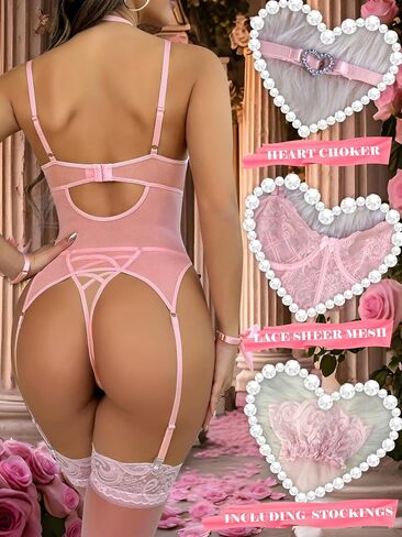 popiv Women's 5 Piece Sexy Lingerie Sheer Teddy Lingerie Set Lace Bodysuit with Garter Belt and Stockings in Saudi Arabia