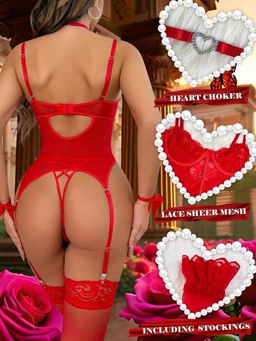 popiv Women's 5 Piece Sexy Lingerie Sheer Teddy Lingerie Set Lace Bodysuit with Garter Belt and Stockings in Saudi Arabia