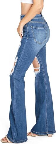 تشيلو جينز نسائي جونيورز عالي الارتفاع من قماش الدنيم الممزق ذو الجرس السفلي in Kuwait