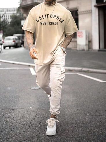 GORGLITTER Men's Letter Graphic Drop Shoulder T-Shirt Short Sleeve Mock Neck Tees in Kuwait