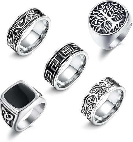 خواتم Sanfenly للرجال من الفولاذ المقاوم للصدأ اليوناني Signet Thumb Silver Retro Carving Celtic Band Rings Vintage Biker Band Rings Set Ring Size 9 in Kuwait