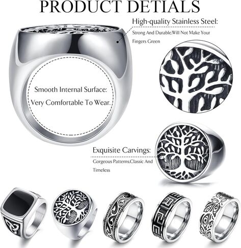 خواتم Sanfenly للرجال من الفولاذ المقاوم للصدأ اليوناني Signet Thumb Silver Retro Carving Celtic Band Rings Vintage Biker Band Rings Set Ring Size 9 in Kuwait
