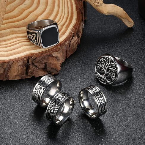 خواتم Sanfenly للرجال من الفولاذ المقاوم للصدأ اليوناني Signet Thumb Silver Retro Carving Celtic Band Rings Vintage Biker Band Rings Set Ring Size 9 in Kuwait