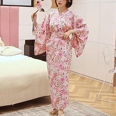 Women's Kimono Robe with Belt Japanese Traditional Yukata Peach Blossom Print Geisha Halloween Party Outfit in Saudi Arabia