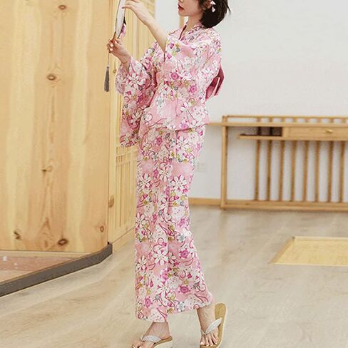 Women's Kimono Robe with Belt Japanese Traditional Yukata Peach Blossom Print Geisha Halloween Party Outfit in Saudi Arabia