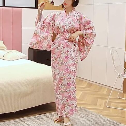 Women's Kimono Robe with Belt Japanese Traditional Yukata Peach Blossom Print Geisha Halloween Party Outfit in Saudi Arabia