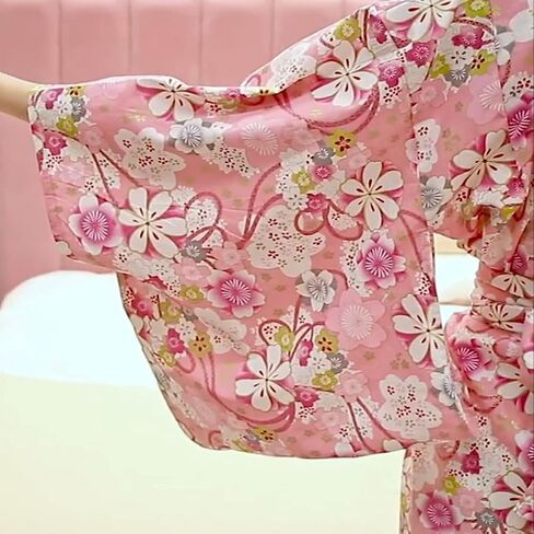 Women's Kimono Robe with Belt Japanese Traditional Yukata Peach Blossom Print Geisha Halloween Party Outfit in Saudi Arabia