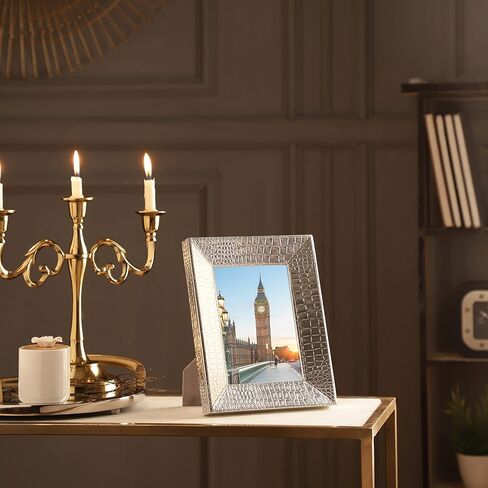 إطار صورة RELY+ التمساح - جلد صناعي مقاس 5x7 بوصة، تصميم فضي أنيق - (فضي) in Kuwait