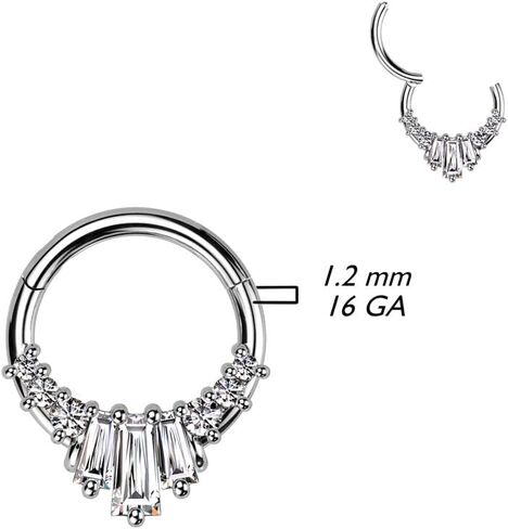 Pierced Owl 16GA 316L Stainless Steel CZ Crystal Baguette Gem Fan Hinged Segment Ring in Saudi Arabia