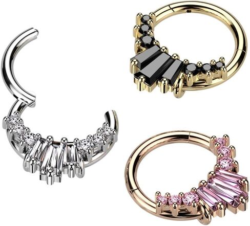 Pierced Owl 16GA 316L Stainless Steel CZ Crystal Baguette Gem Fan Hinged Segment Ring in Saudi Arabia