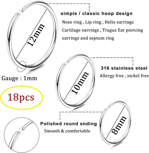 18 قطعة من LOYALLOOK G23 حلقة الأنف من التيتانيوم للنساء والرجال هيليكس تراغوس الشفاه الحاجز الدائري الغضروف القرط هوب ثقب المجوهرات 18/20 جرام in Kuwait