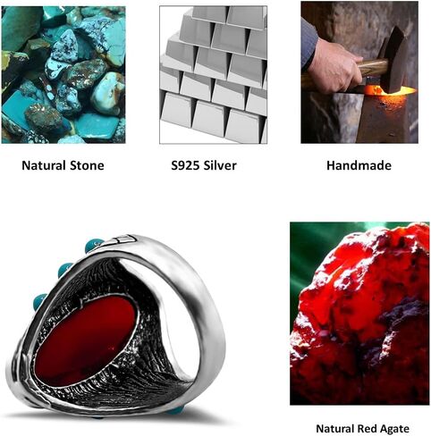 Retro Thick Silver Plated Rings with Stone for Men Women,Green Turquoise Ring,Natural Agate Stone Ring,Onyx Ring for Men,Garnet Rings,Turkey Rings,Precious Oval Shaped Gemstone Jewelry in Saudi Arabia